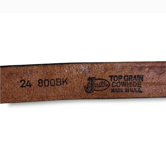 JUSTIN Black Tooled Top Grain Leather Belt Silver Tone Buckle & Accents - Picture 8 of 10